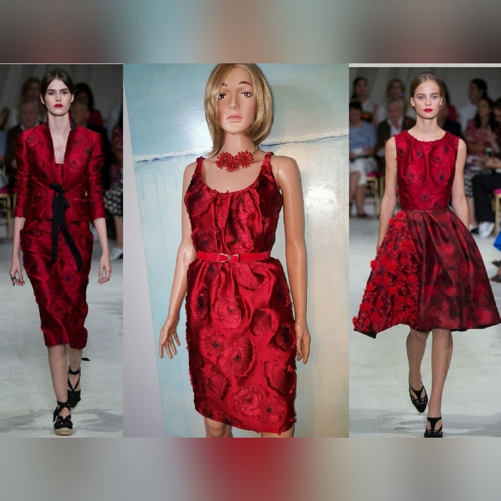 $5,990 OSCAR DE LA RENTA RUBY RED FLORAL POPPIES JAQUARD RUNWAY DRESS US L 10
